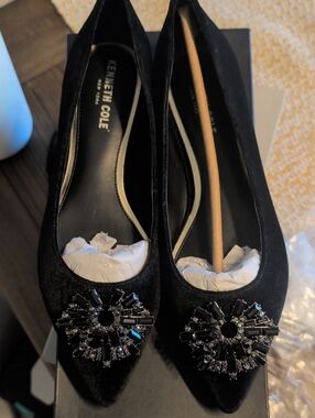 Kenneth Cole Black Velvet Pointed Toe Flats with Jet-Black Crystal Brooch
